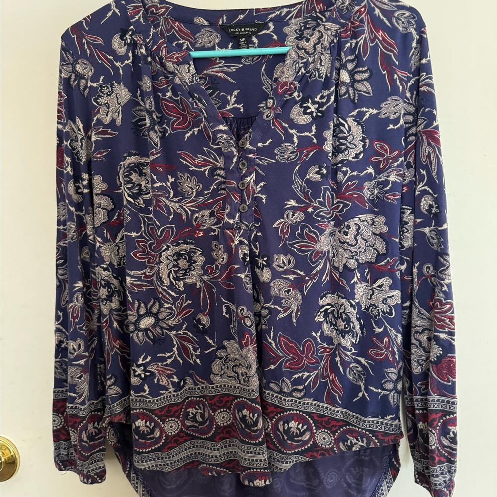 Lucky Brand Purple Cream 3/4 Sleeve Blouse